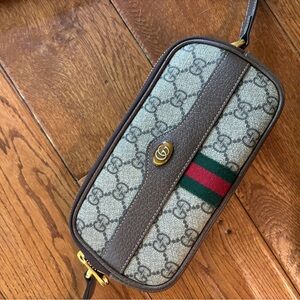 Gucci Beige and Brown Monogram Bag with Green and Red Stripe
